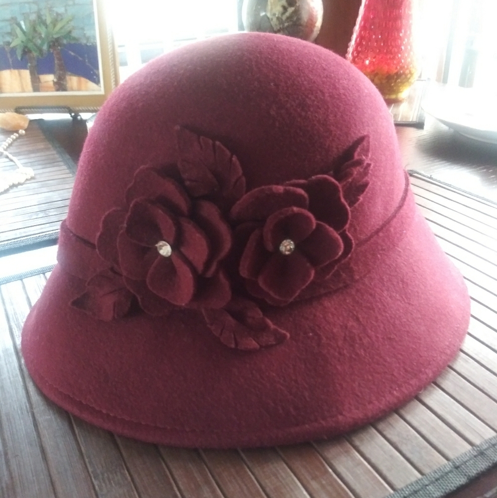 Adora Burgundy Wool Cloche Hat with Floral Accent